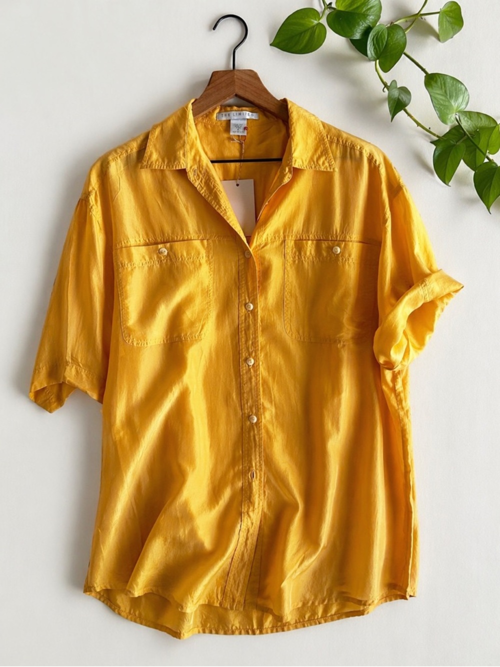 Golden Silk Button Down Oversized Minimal Summer Shirt Small